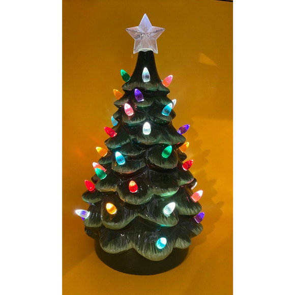 Vintage Lighted Tabletop Ceramic Christmas Tree -Battery Operated 14" Tall - Picture 3 of 9